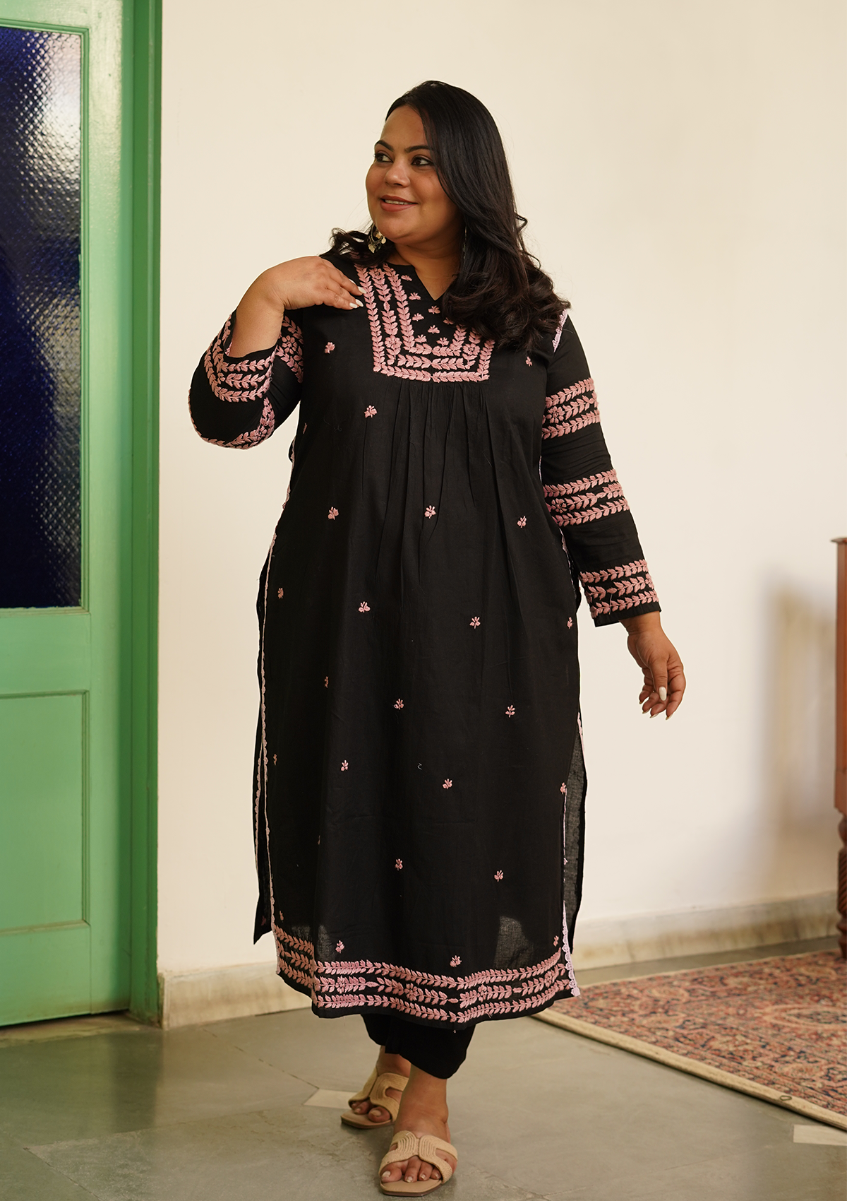 Adila Cotton Chikankari Solid Women's Long Kurta - Black