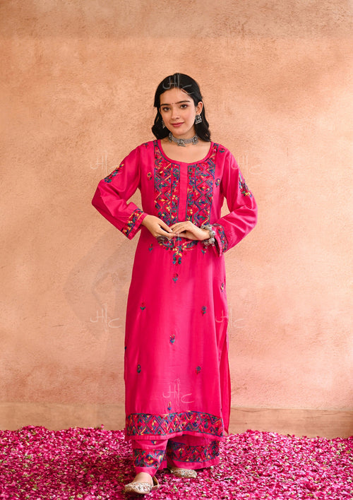 Aafna Chikankari Chanderi Straight Kurta Set with Inner