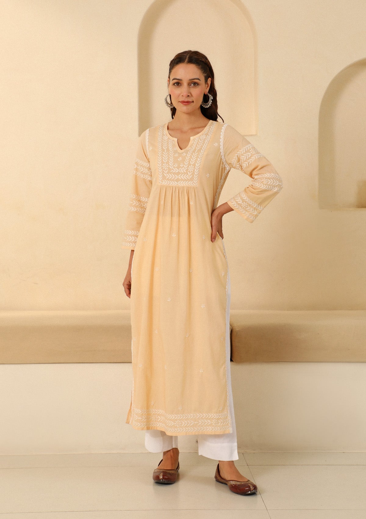 Adila Cotton Chikankari Solid Women's Long Kurta - Beige