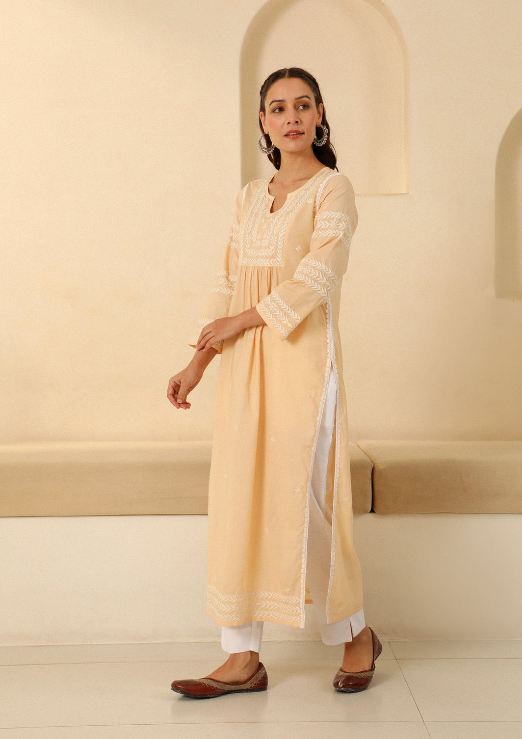 Adila Cotton Chikankari Solid Women's Long Kurta - Beige