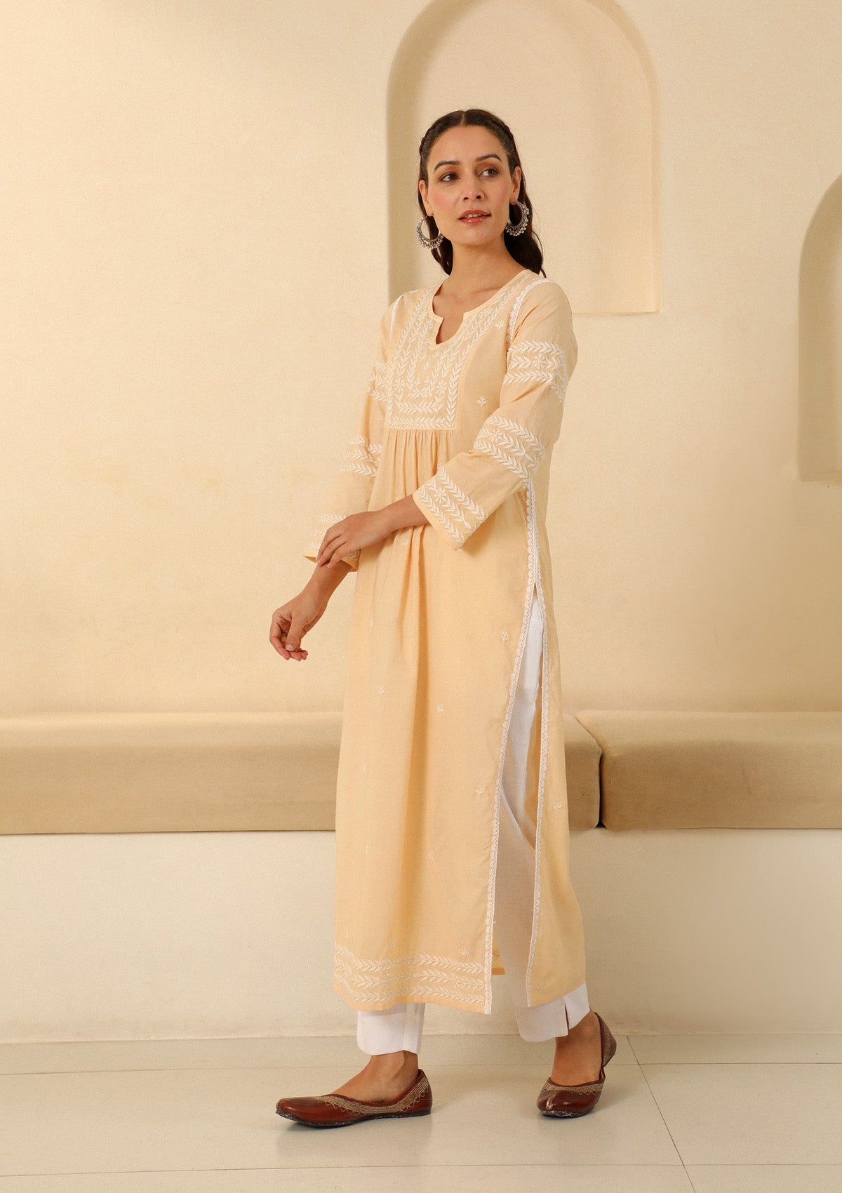 Adila Cotton Chikankari Solid Women's Long Kurta - Beige