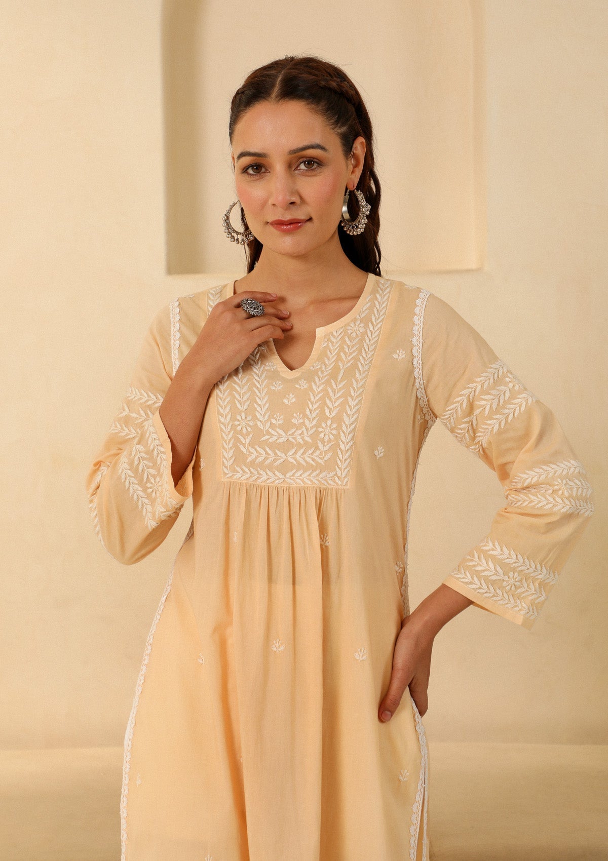 Adila Cotton Chikankari Solid Women's Long Kurta - Beige