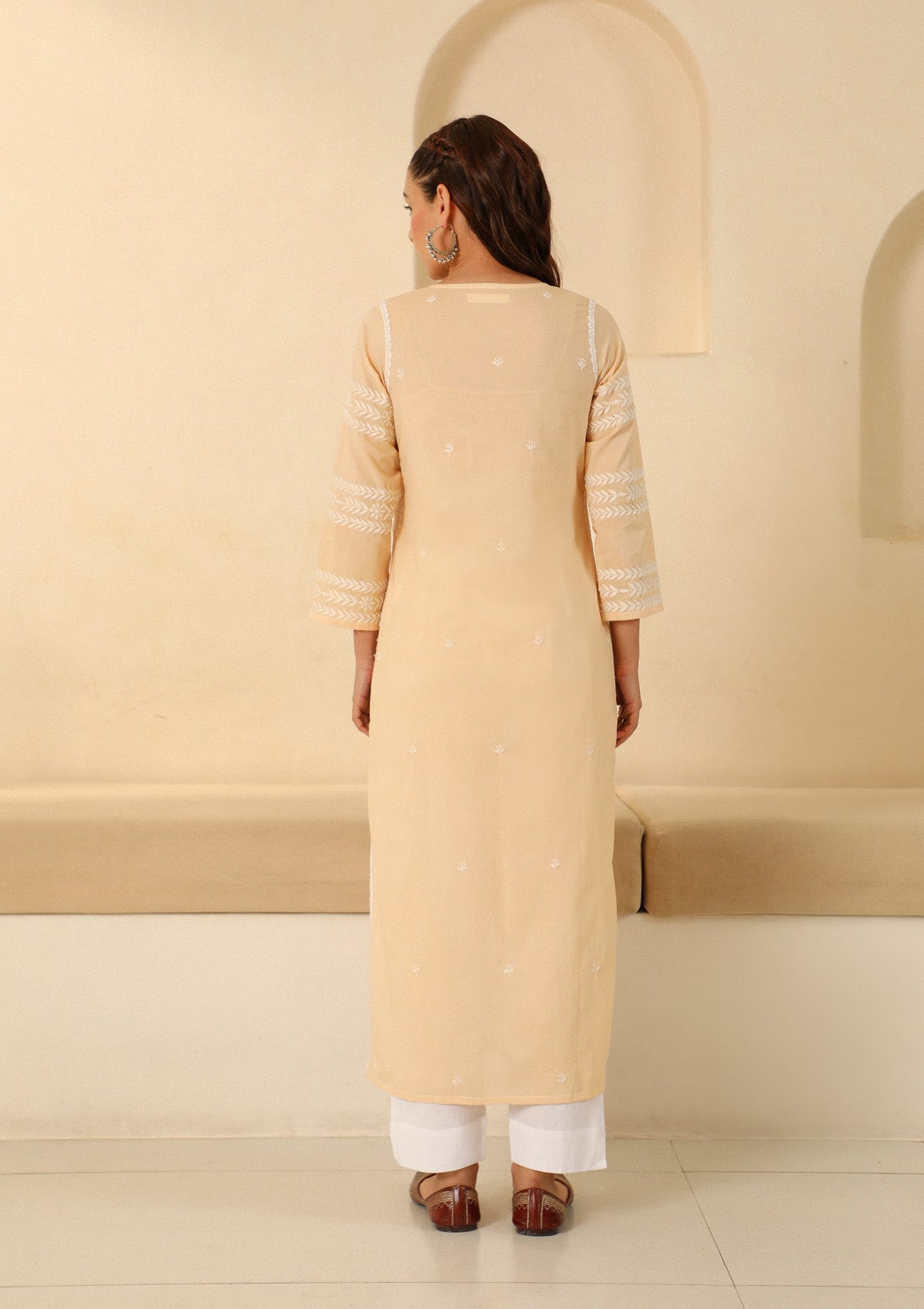 Adila Cotton Chikankari Solid Women's Long Kurta - Beige