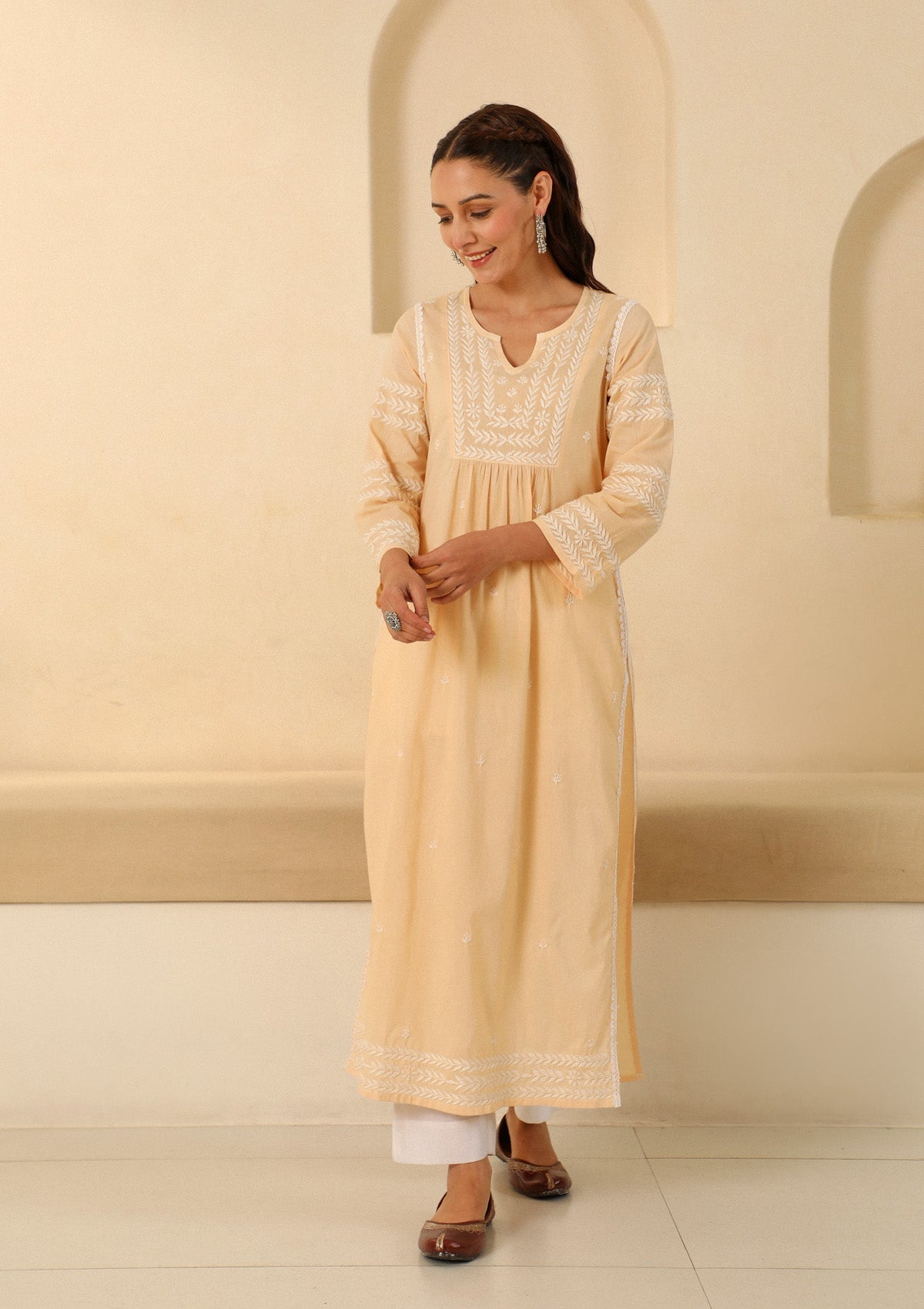 Adila Cotton Chikankari Solid Women's Long Kurta - Beige