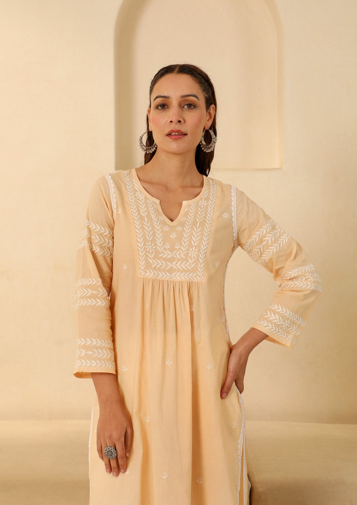 Adila Cotton Chikankari Solid Women's Long Kurta - Beige