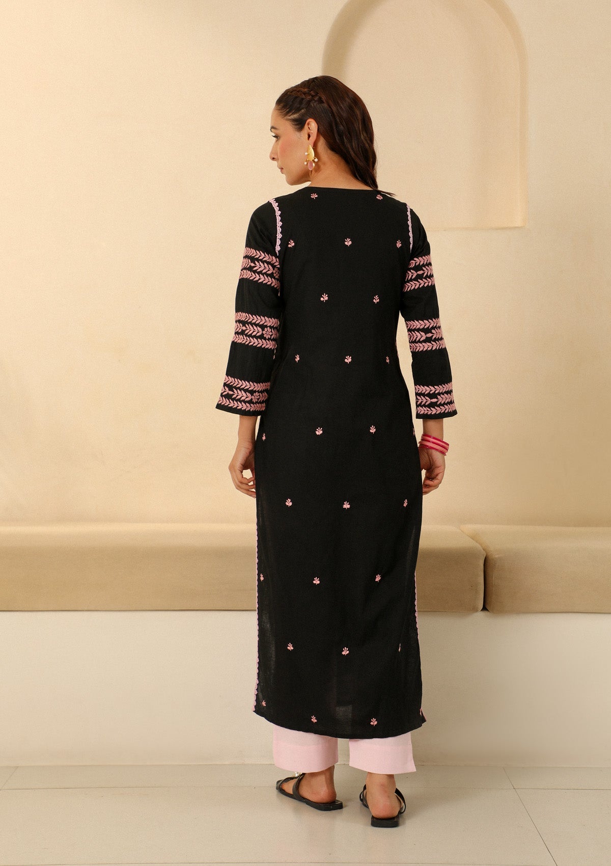 Adila Cotton Chikankari Solid Women's Long Kurta - Black
