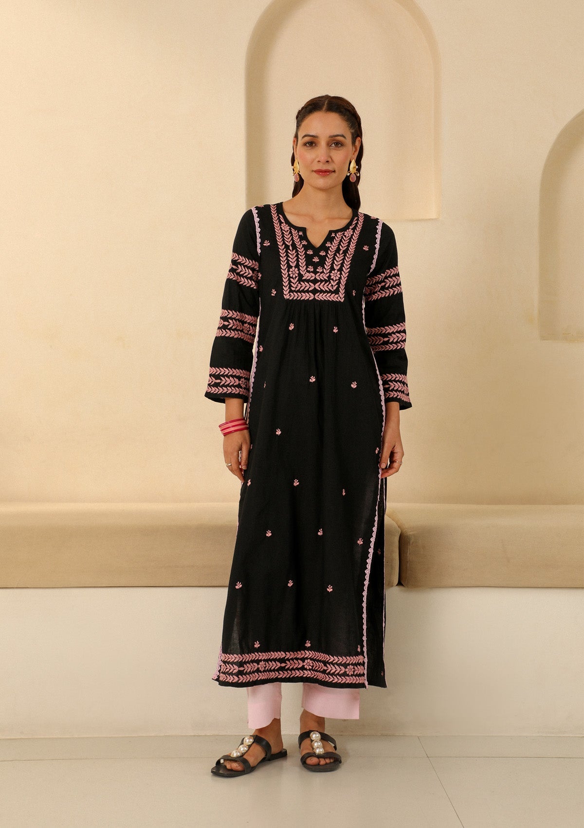 Adila Cotton Chikankari Solid Women's Long Kurta - Black