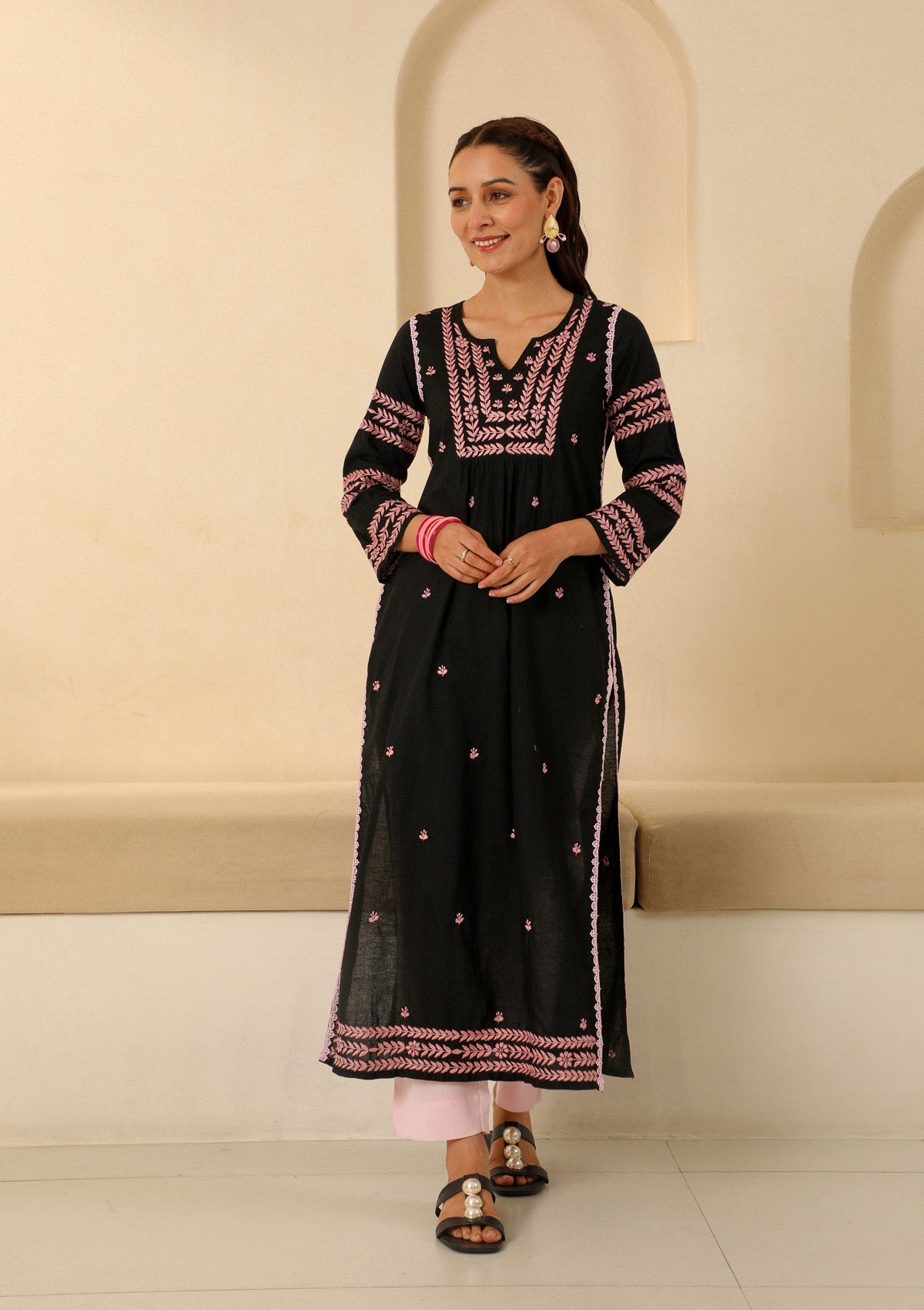 Adila Cotton Chikankari Solid Women's Long Kurta - Black