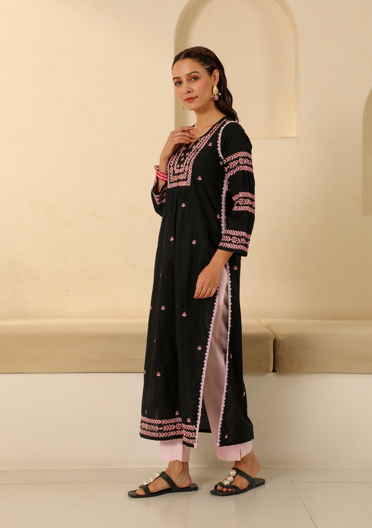 Adila Cotton Chikankari Solid Women's Long Kurta - Black