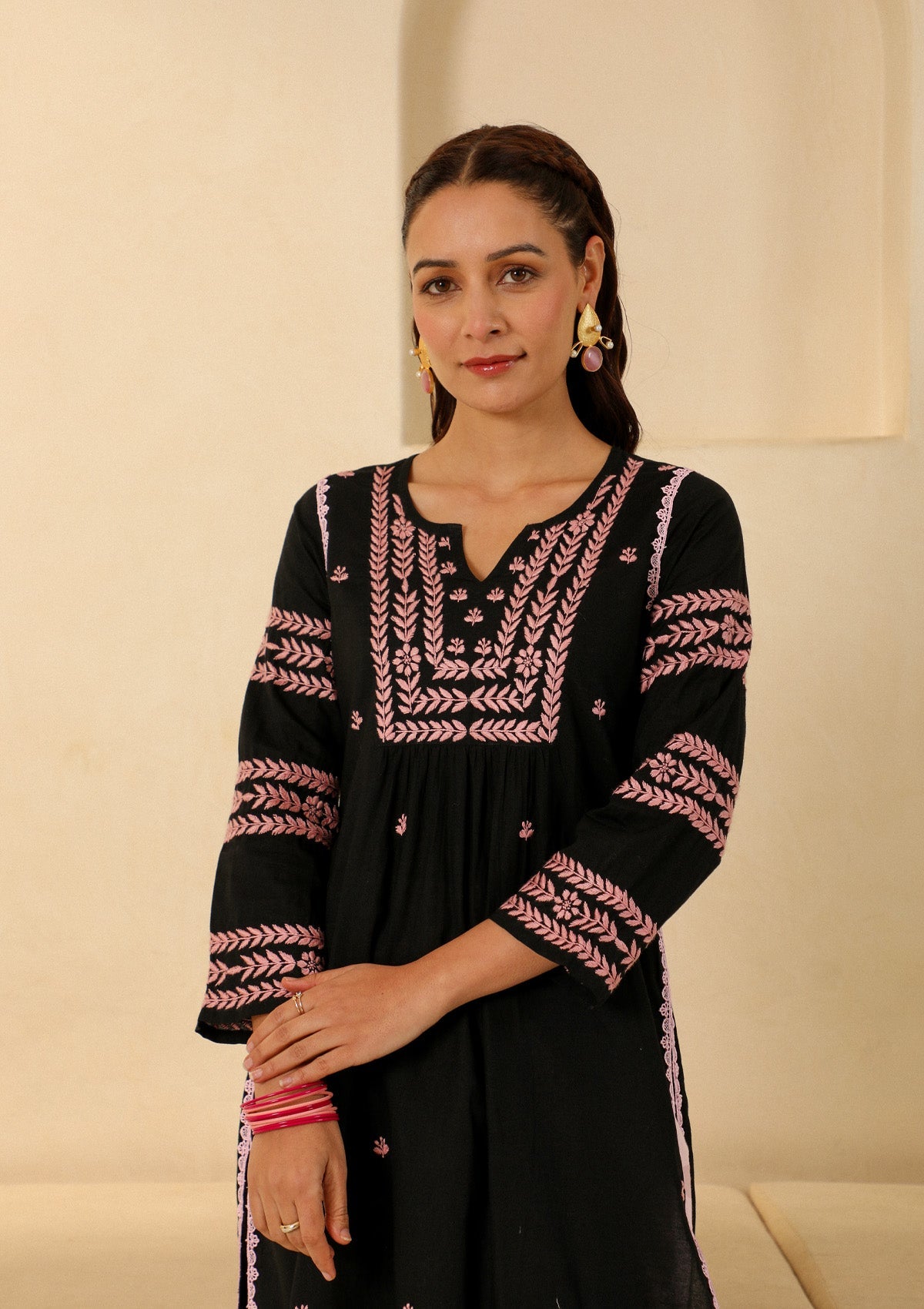 Adila Cotton Chikankari Solid Women's Long Kurta - Black
