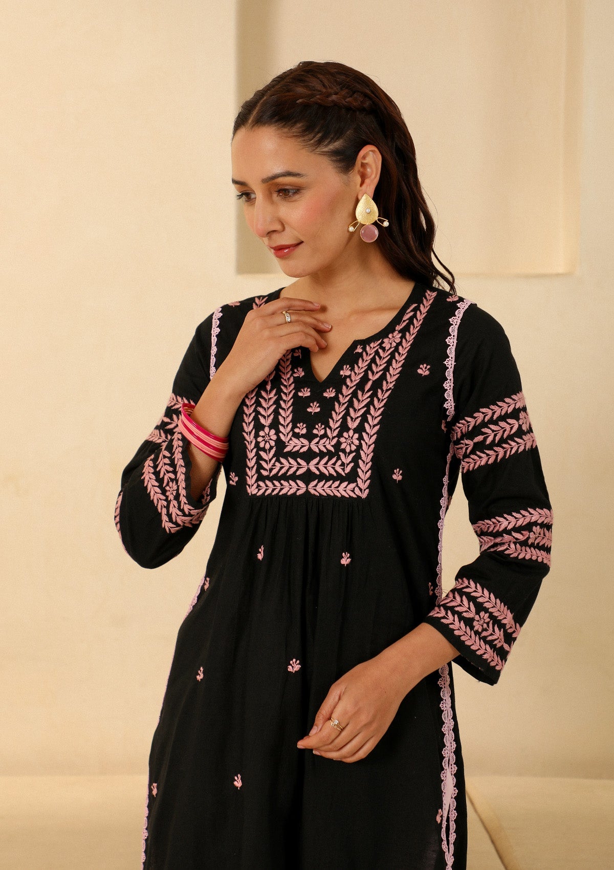 Adila Cotton Chikankari Solid Women's Long Kurta - Black
