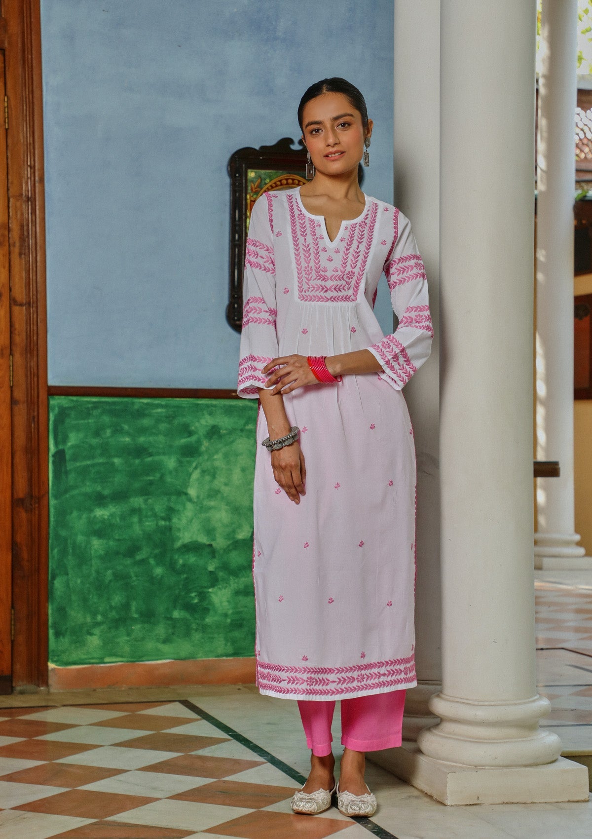 Adila Cotton Chikankari Solid Women's Long Kurta - White