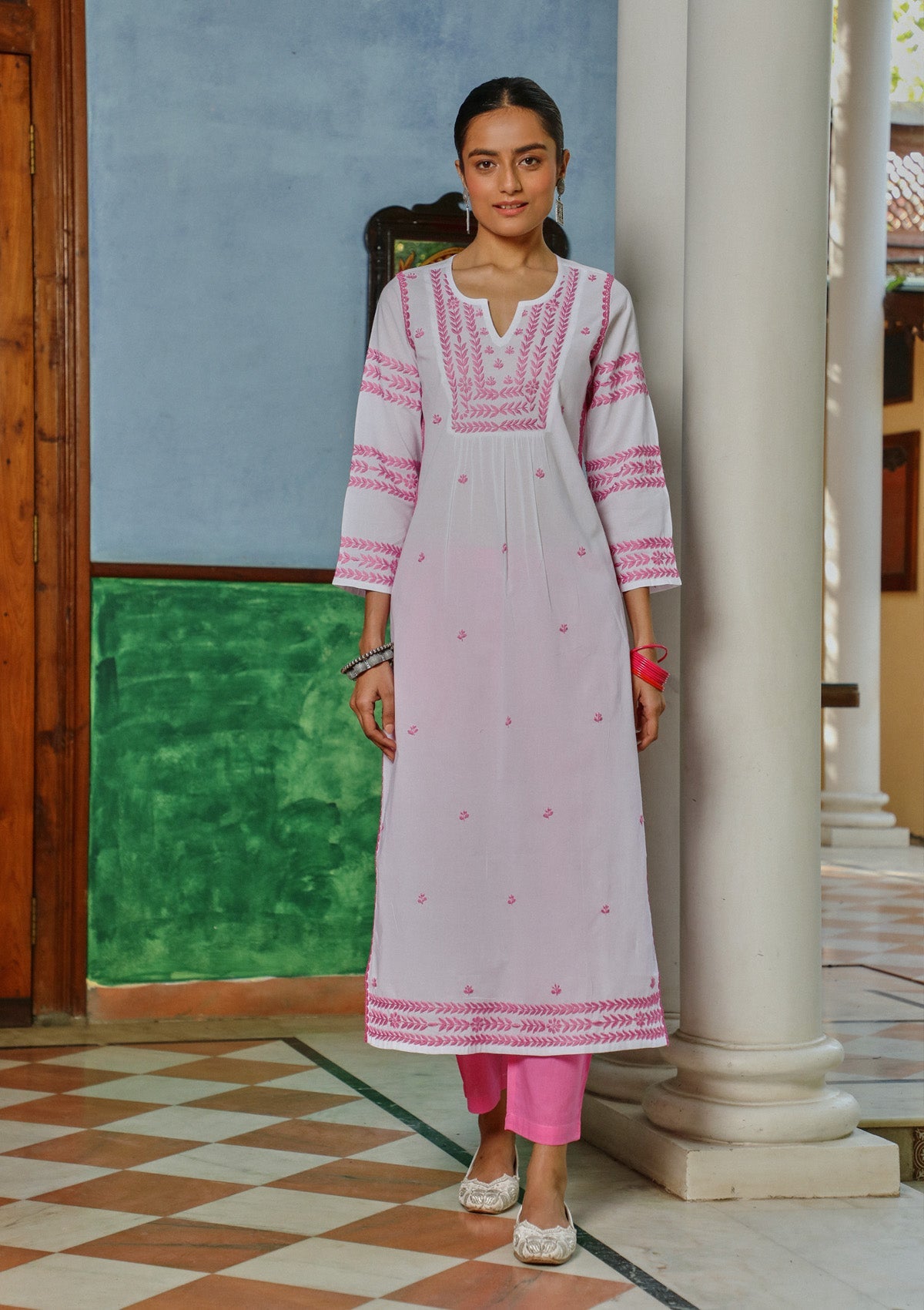 Adila Cotton Chikankari Solid Women's Long Kurta - White