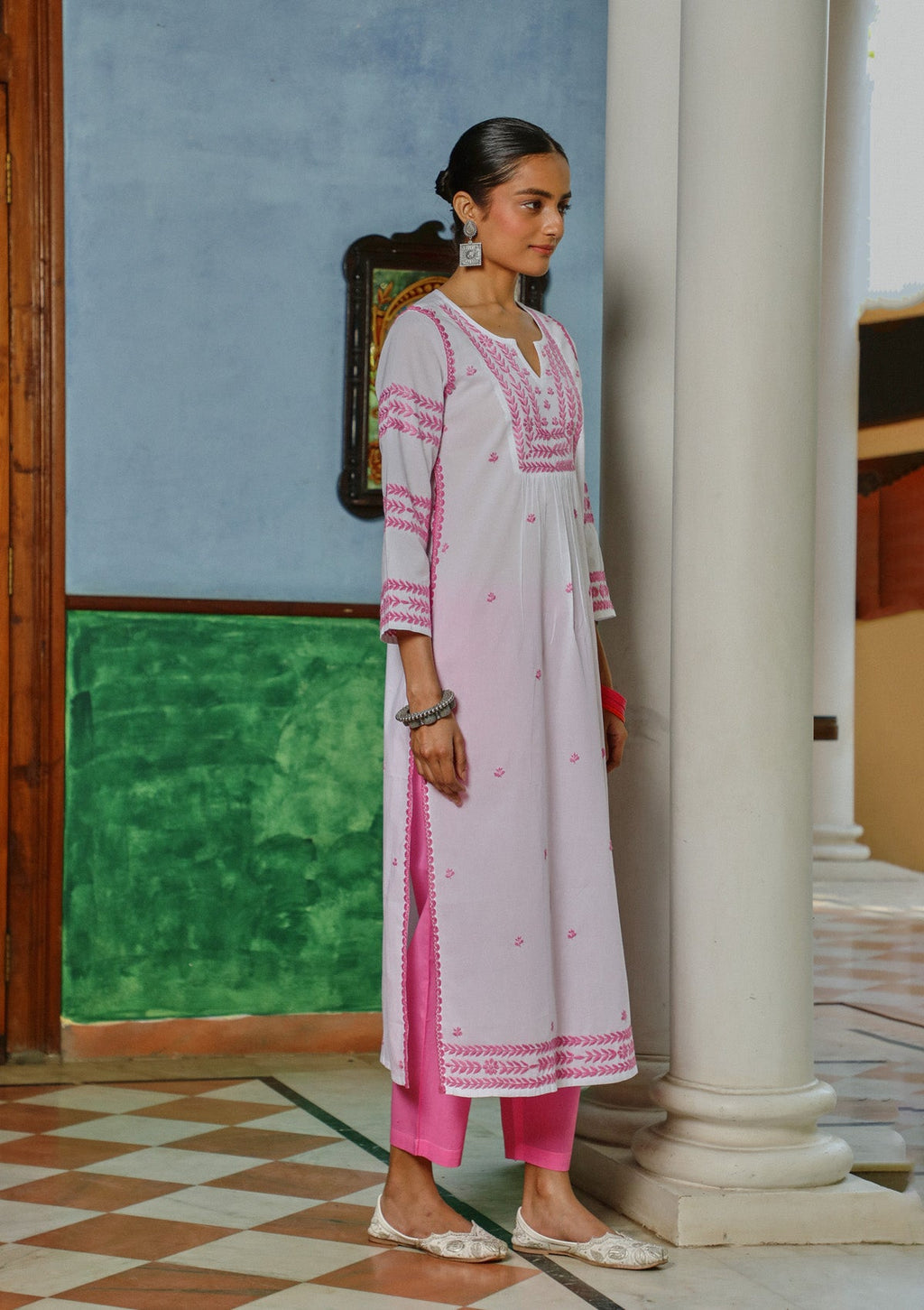 Adila Cotton Chikankari Solid Women's Long Kurta - White
