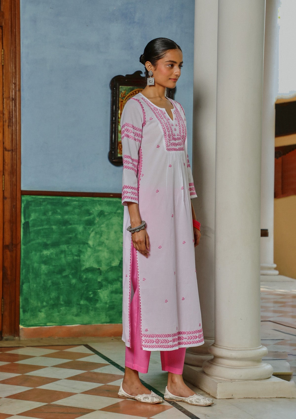 Adila Cotton Chikankari Solid Women's Long Kurta - White