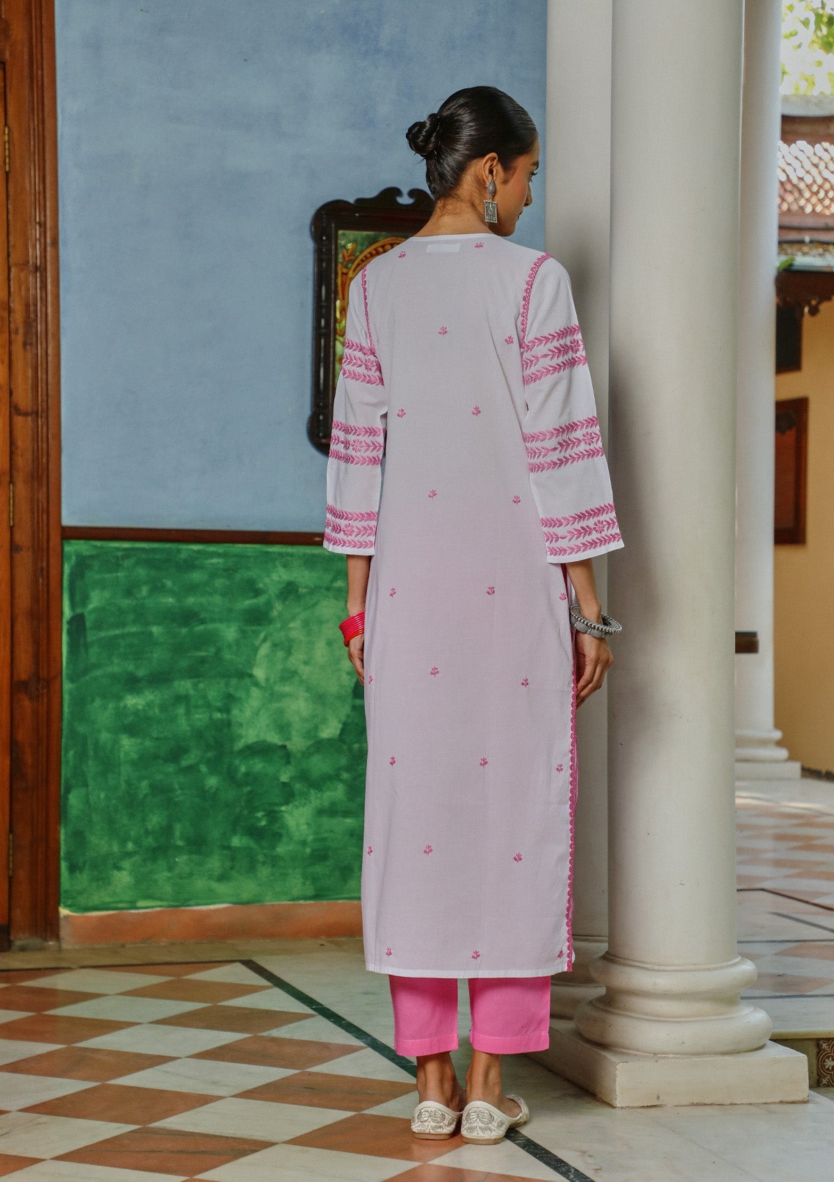 Adila Cotton Chikankari Solid Women's Long Kurta - White