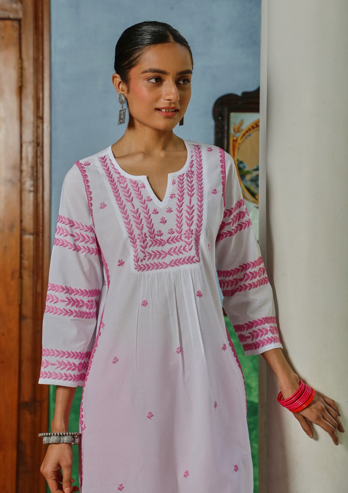 Adila Cotton Chikankari Solid Women's Long Kurta - White