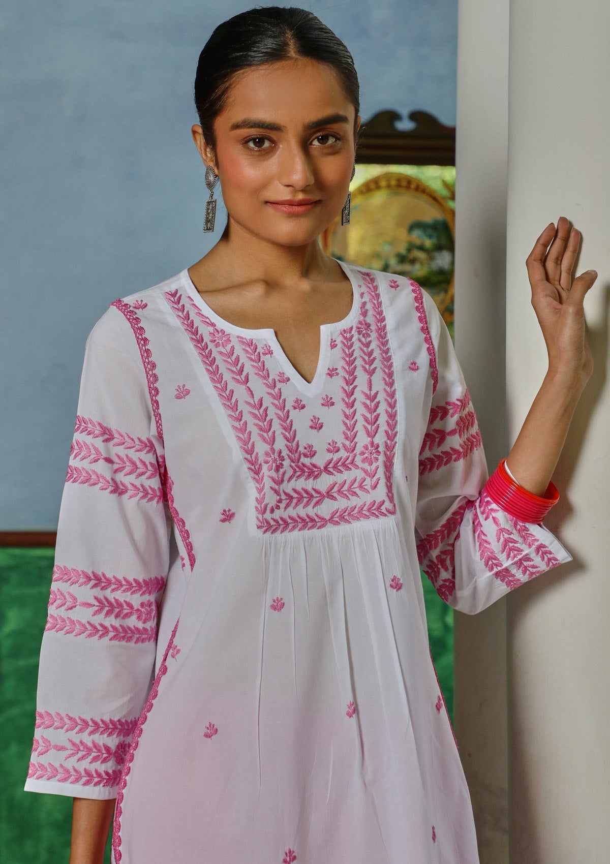 Adila Cotton Chikankari Solid Women's Long Kurta - White