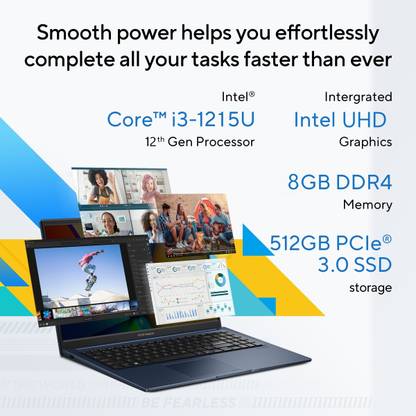 ASUS Vivobook 15, with Backlit Keyboard, Intel Core i3 12th Gen 1215U - (8 GB/512 GB SSD/Windows 11 Home) X1504ZA-NJ321WS Thin and Light Laptop (15.6 Inch, Quiet Blue, With MS Office)