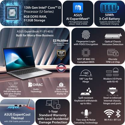 ASUS Expertbook P1 Intel Core i3 13th Gen 1315U - (16 GB/512 GB SSD/Windows 11 Home) P1403CVA-S60938WS Thin and Light Laptop