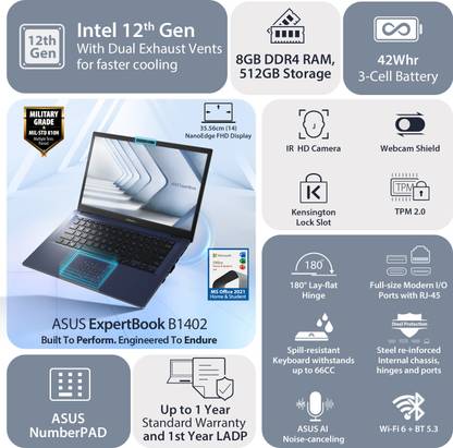 ASUS ExpertBook B14 Intel Core i3 12th Gen 1215U - (8 GB/512 GB SSD/Windows 11 Home) B1402CBA-NK1494WS Thin and Light Laptop  (14 Inch, Star Black, 1.49 Kg, With MS Office)