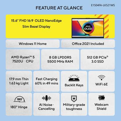 ASUS Vivobook Go 15 OLED AMD Ryzen 5 Quad Core 7520U - (8 GB/512 GB SSD/Windows 11 Home) E1504FA-LK521WS Thin and Light Laptop