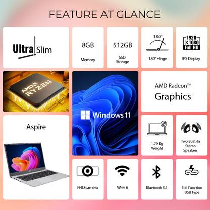 Acer Aspire 15 AMD Ryzen 5 Hexa Core 7430U - (16 GB/512 GB SSD/Windows 11 Home) Aspire AS15-42 Thin and Light Laptop (15.6 Inch, Silver, 1.79 Kg)