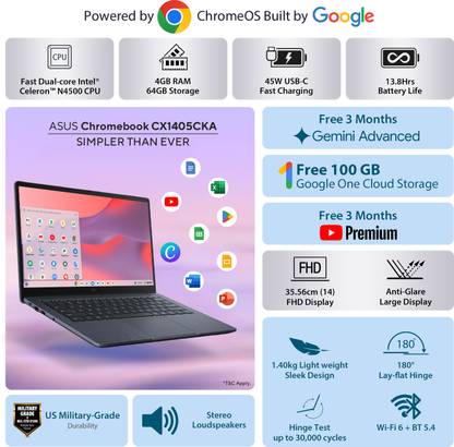 ASUS Chromebook CX14 Intel Celeron Dual Core N4500 - (4 GB/64 GB EMMC Storage/Chrome OS) CX1405CKA-NK0154 Chromebook
